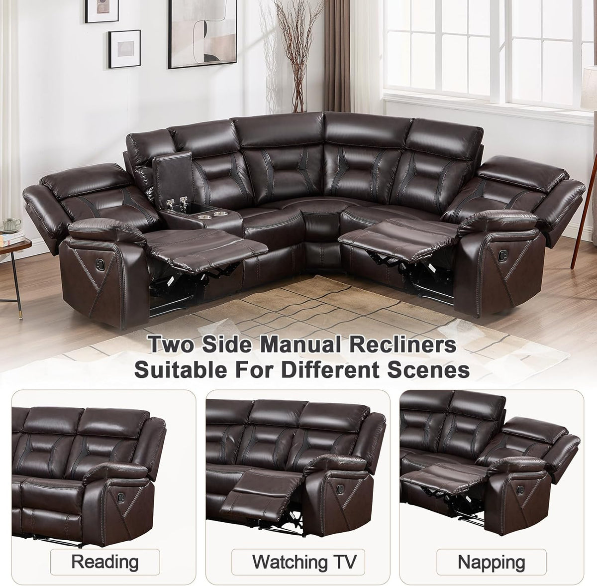 EBELLO Faux Leather Reclining Sectional Sofa Set for Living Room, 1 Recliner Chair and L-Shaped Corner Manual Recliner Sofa Home Furniture Set with Center Console, Cup Holders and Storage, Dark Brown