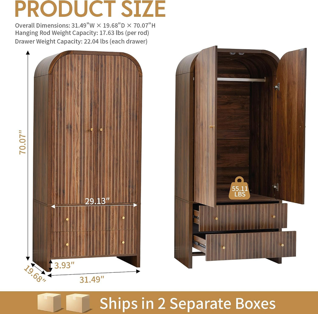 LEVNARY Arched Armoire Wardrobe Closet, Mid-Century Modern 2-Door Freestanding Wardrobe with Hanging Rod and 2 Drawers, Fluted Carved Clothing Storage Cabinet for Bedroom (Walnut)