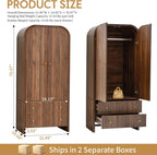LEVNARY Arched Armoire Wardrobe Closet, Mid-Century Modern 2-Door Freestanding Wardrobe with Hanging Rod and 2 Drawers, Fluted Carved Clothing Storage Cabinet for Bedroom (Walnut)