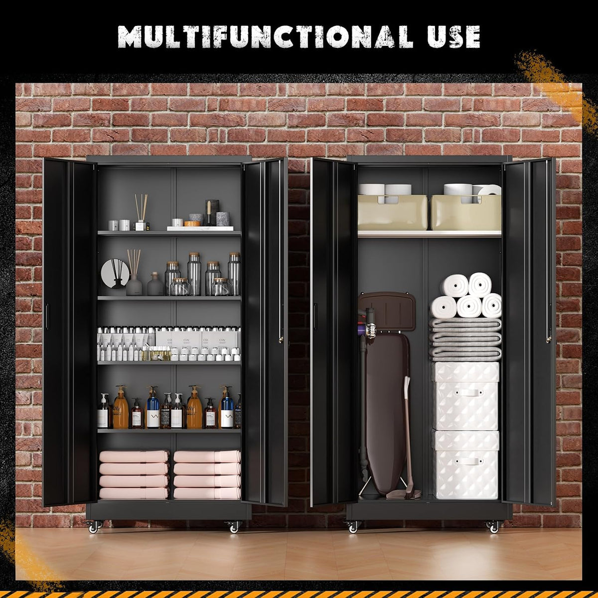 Greenvelly 73" Metal Garage Storage Cabinet with Wheels, Black Lockable Metal Cabinet with 2 Doors and 4 Adjustable Shelves, Rolling Steel Tool Organization for Garage, Home, Office, School