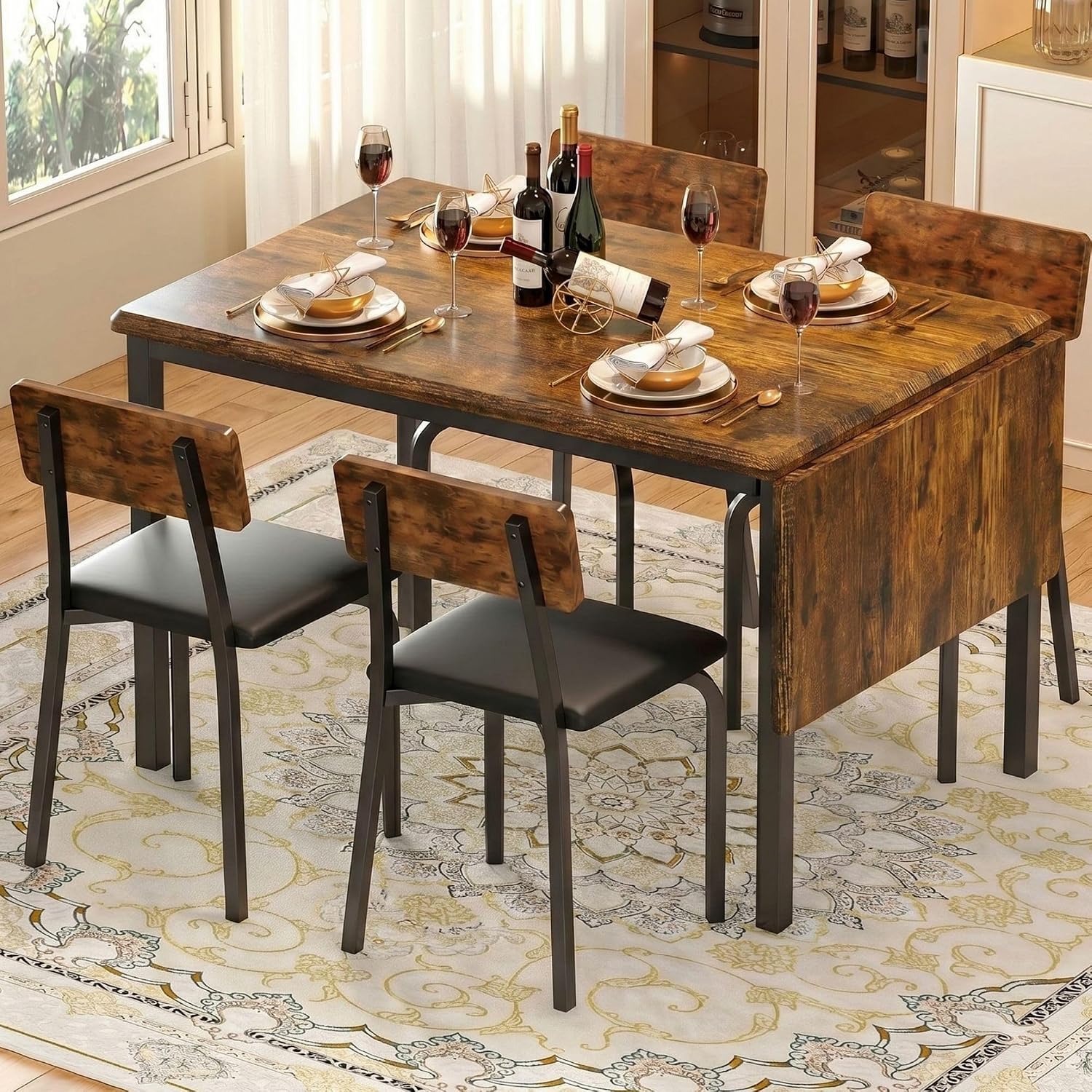 IRONCK 5-Piece 63" Extendable Dining Table with 4 Upholstered Chairs, Kitchen Table Set for 4-8 People, Dining Room Sets with MDF Wood Board, Drop Leaf Table Design for Space Saving, Rustic Brown