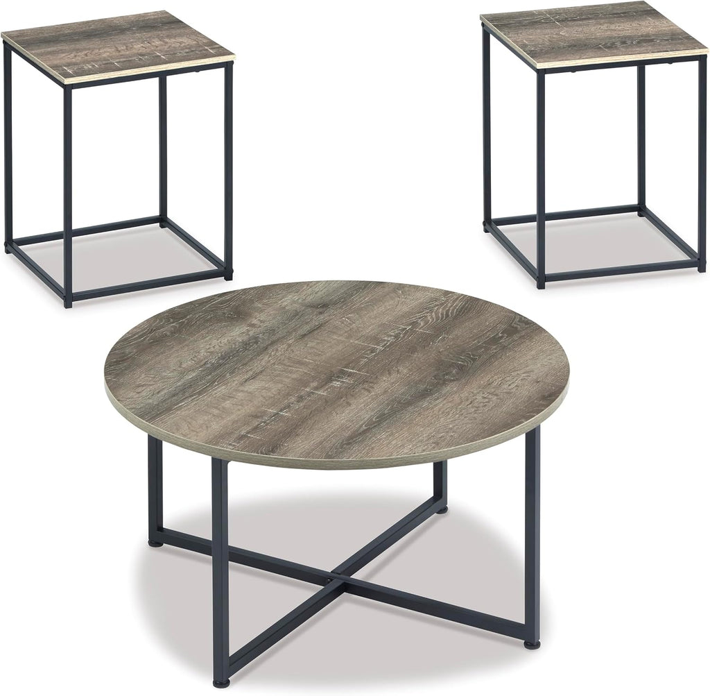 GTU Furniture Contemporary Engineered Wood Round 3-Piece Coffee Table Set, Cocktail Table with 2 Matching End Tables, Two-Tone Finish for Living Room