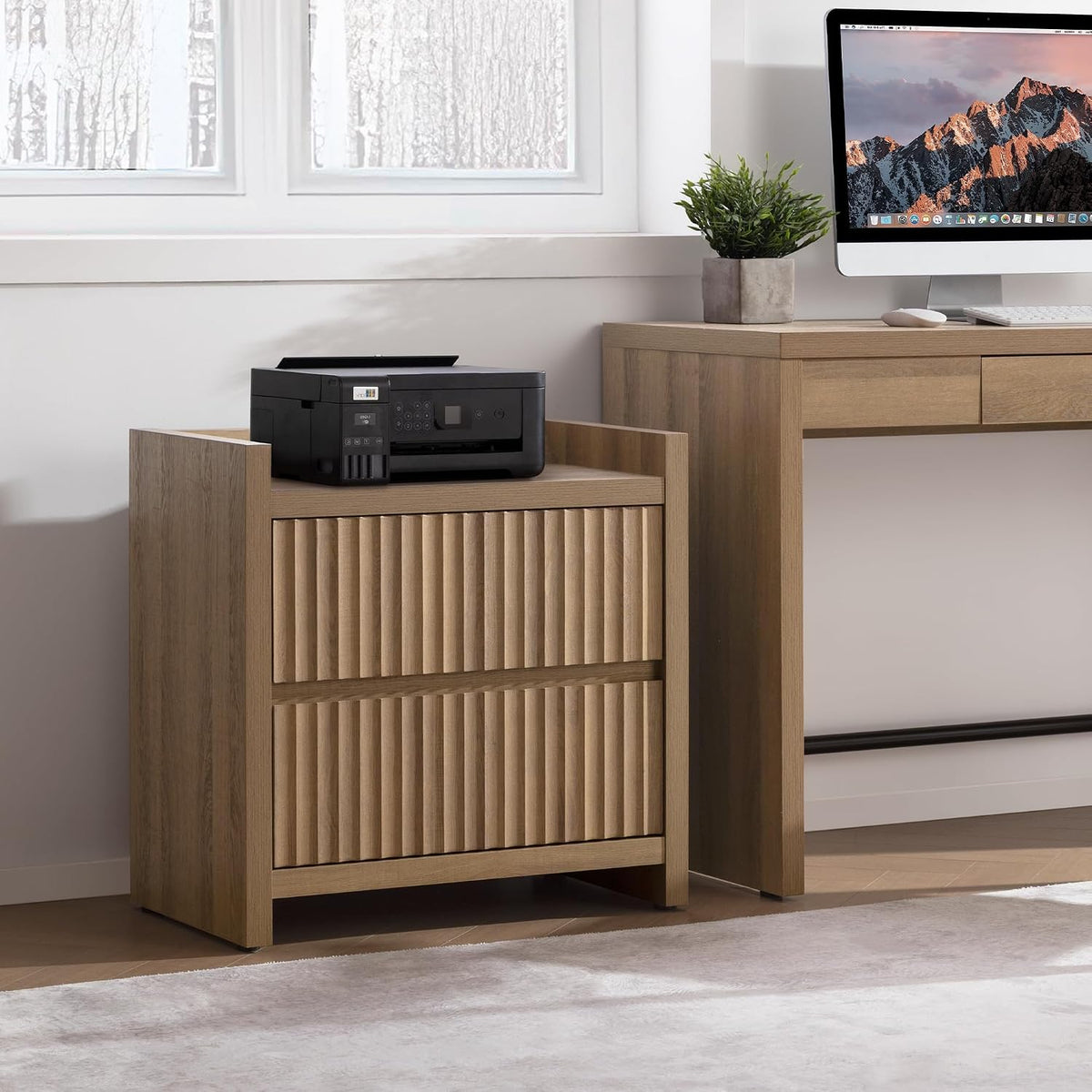 SICOTAS Night Stand Set 2 with Charging Station, Fluted Nightstands | Large Modern Nightstand with 2 Drawers for Bedroom, 25.4" Wide Bedside Table End Side Table for Sofa Side, Caramel Oak