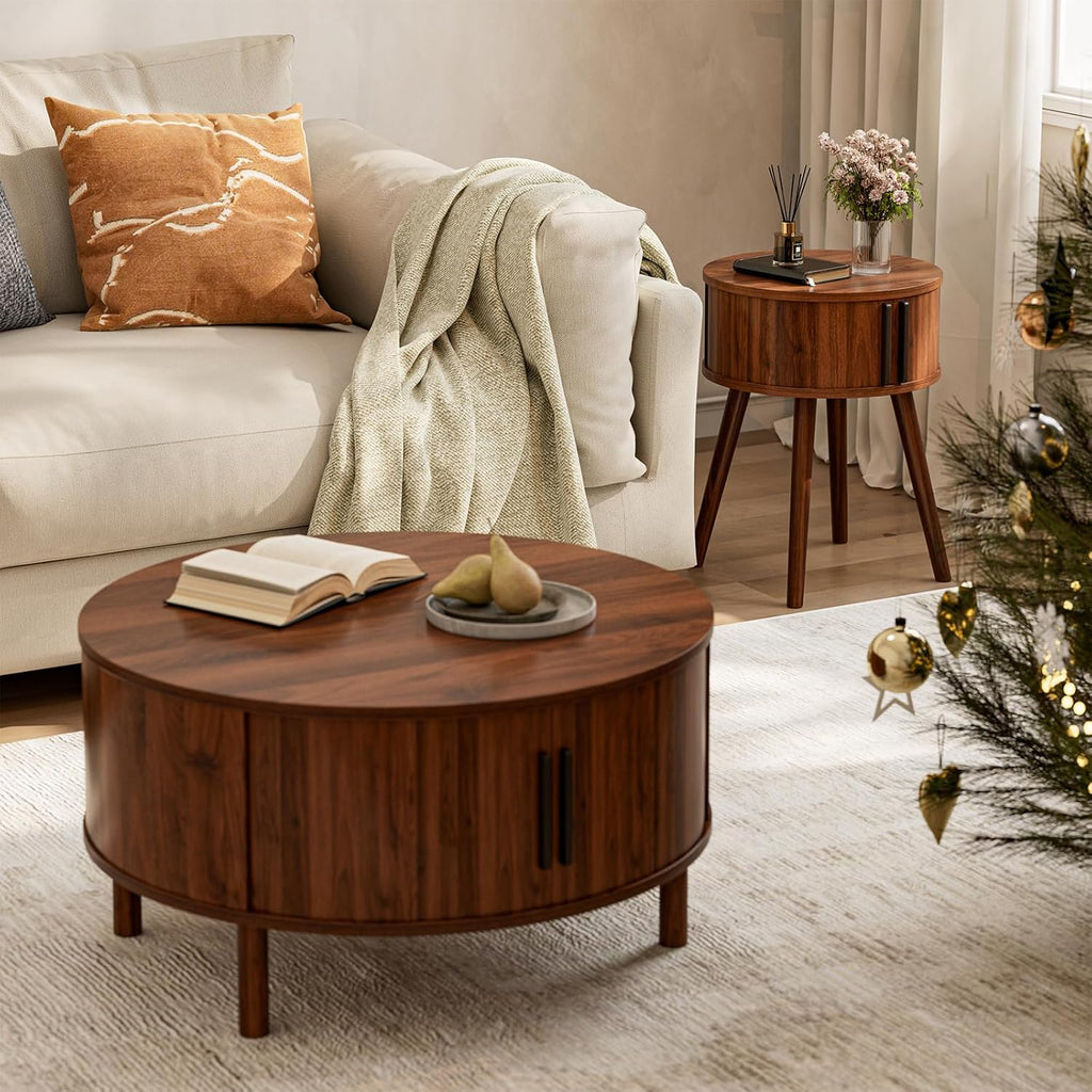 ZttRiee Side Table with Sliding Door & Cabinet, End Table for Living Room, Night Stand for Bedroom, Modern Bedside Table with Solid Wood Legs, Walnut