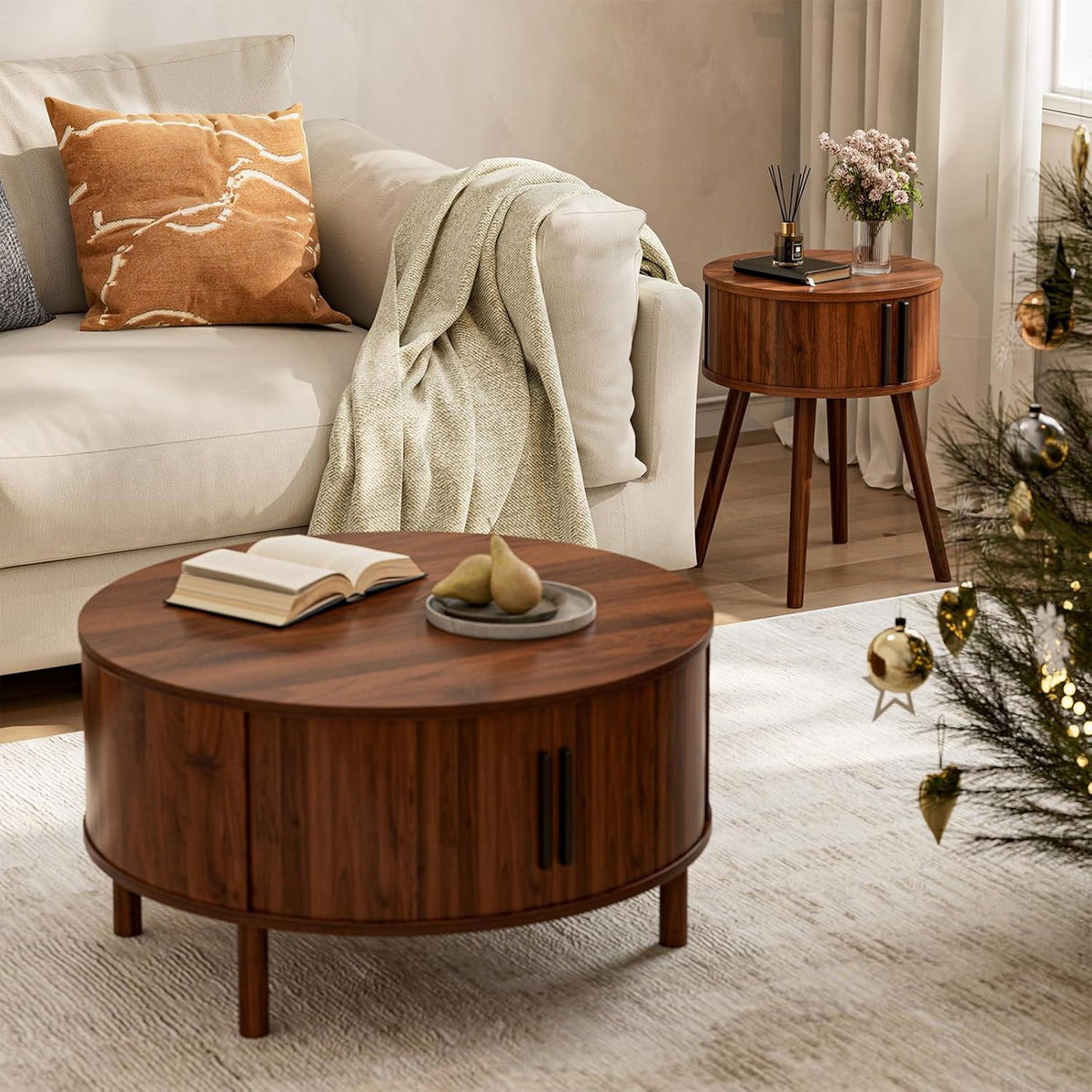 ZttRiee Side Table with Sliding Door & Cabinet, End Table for Living Room, Night Stand for Bedroom, Modern Bedside Table with Solid Wood Legs, Walnut