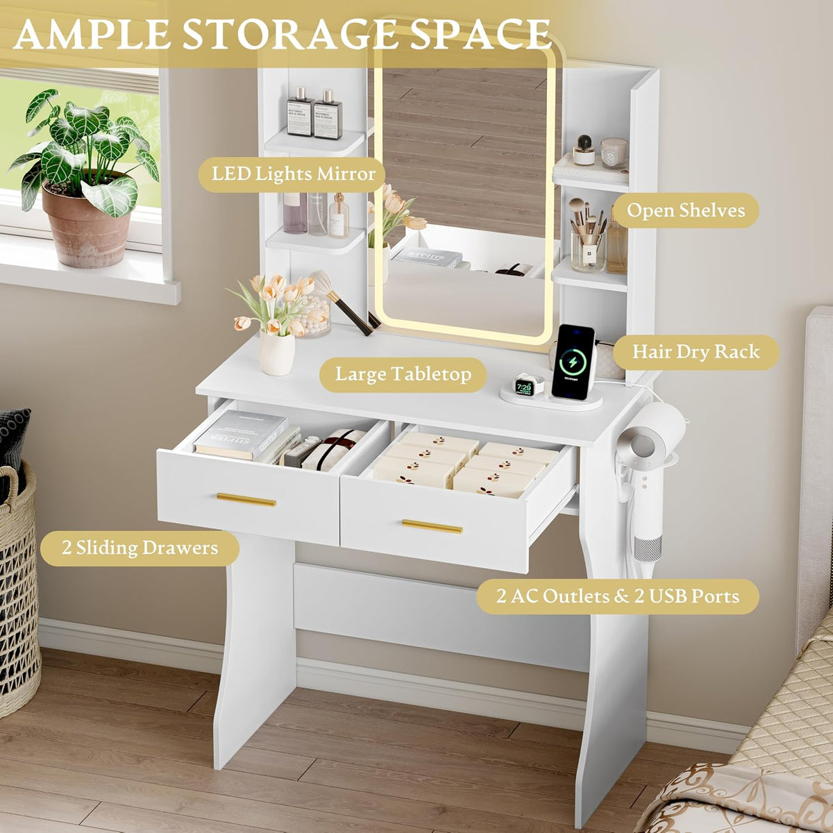 Xixini Vanity Desk with LED Lights Mirror & Power Outlet, Small Makeup Vanity Table Set with Storage Drawers, 3 Lighting Modes & Adjustable Brightness, Dressing Table for Women Girls Bedroom, White
