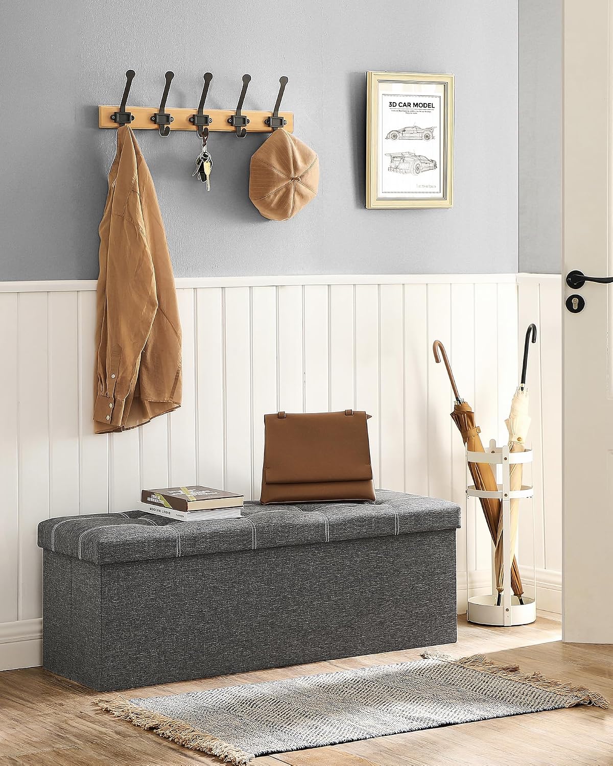 SONGMICS Mazie Collection - 43 Inches Ottoman Storage Bench, 35 Gal. Folding Chest with Breathable Linen-Look Fabric, Load up to 660 lb, for Entryway, Living Room, Bedroom, Dark Gray ULSF077G04