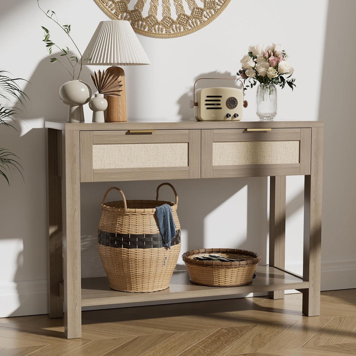 Boho Chic Console Table with 2 Rattan Drawers and Open Shelf Storage, Narrow Farmhouse Sofa Table for Small Space Entryway, Living Room,Hallway, Caramel Oak