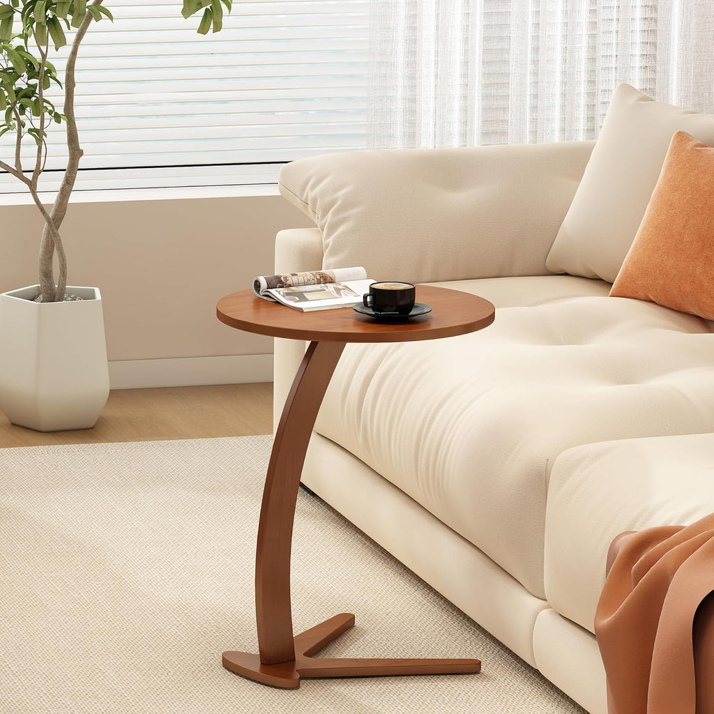 Couch Tables that Slide Under: 15 '' Modern C Shaped End Table Nightstand with Natural Solid Wood Small Bedside Table for Living Room Bedroom Farmhouse Small Spaces (Medium)