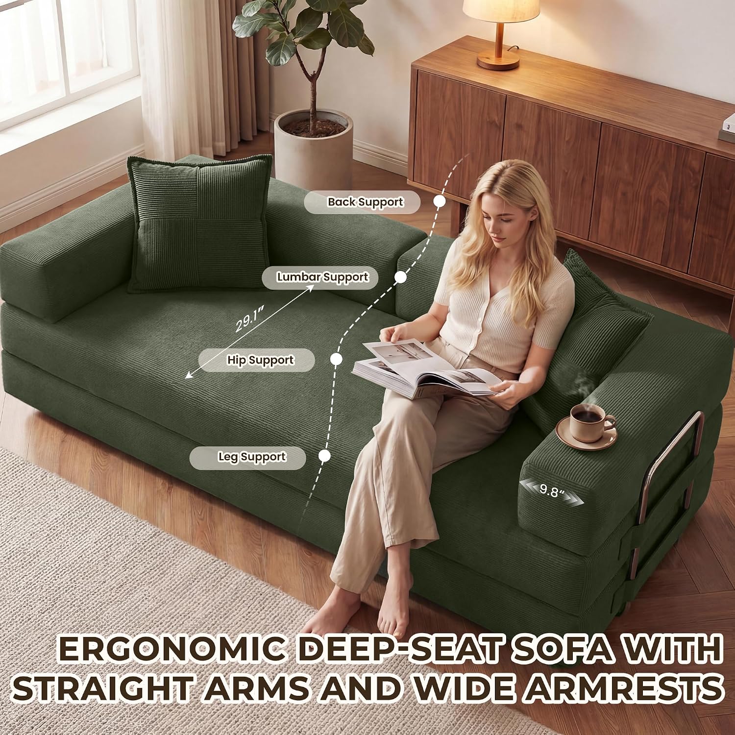 GRUSIGN 78 Inch Convertible Sofa Bed, 5-in-1 Futon Sofa Bed Pull Out Couch, Couch Bed for Living Room, Corduroy Couches for Bedroom, Apartment, No Assembly Sleeper Sofa Bed, Green