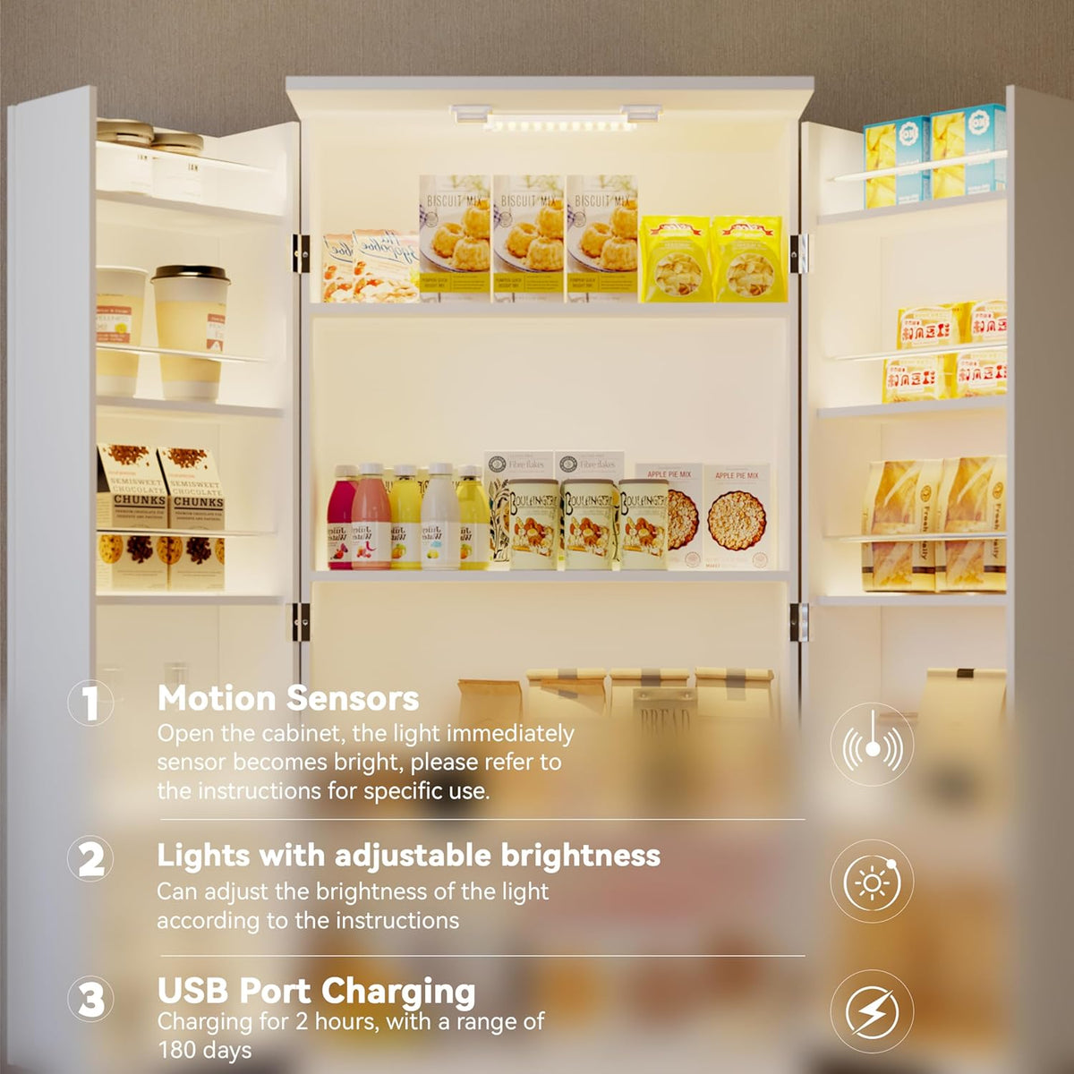 FJTJBSI 72" LED Kitchen Pantry Cabinet with 3 Drawers Farmhouse Tall Storage Cabinet Wood Food Pantry with Barn Doors and Adjustable Shelves Versatile Storage Freestanding Cupboard for Kitchen