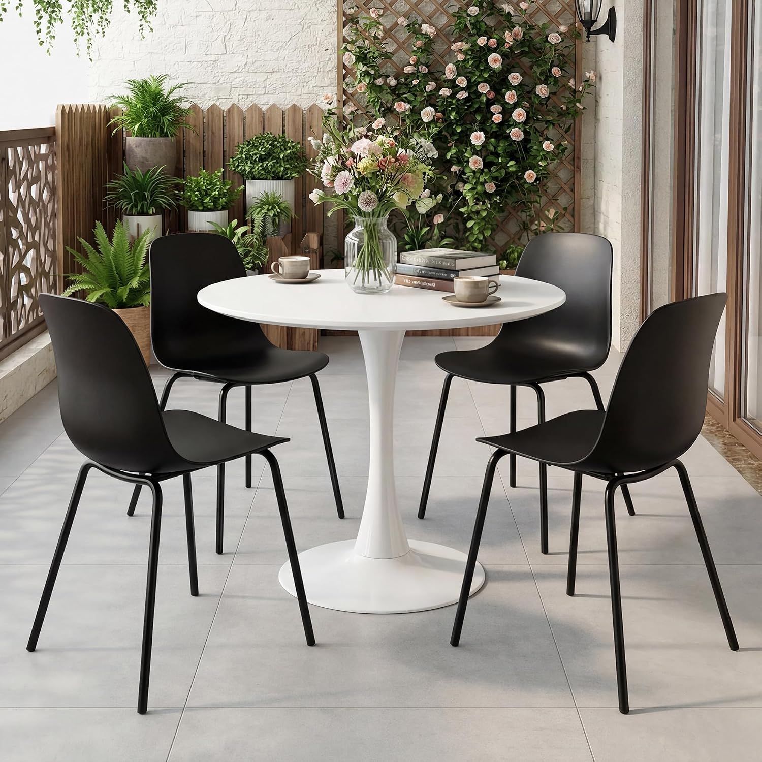 LSSBOUGHT Modern Dining Chairs Set of 4, Mid-Century Plastic Kitchen Chairs with Metal Legs, Comfortable Armless Side Chairs for Dining Room, Kitchen, Living Room & Small Spaces (Black)