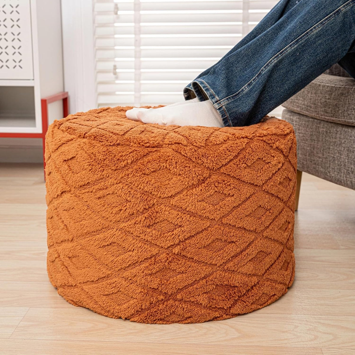 Fluffy Round Ottoman Pouf,Foot Stool Ottoman,Foot Rest,Burnt Orange,20x14In | All-in-One Foam Pouf,Ottoman Coffee Table,Couch Footrest,Footrest for Chair,Remov. Cover,Perfect for Living Room,Bedroom Dorm