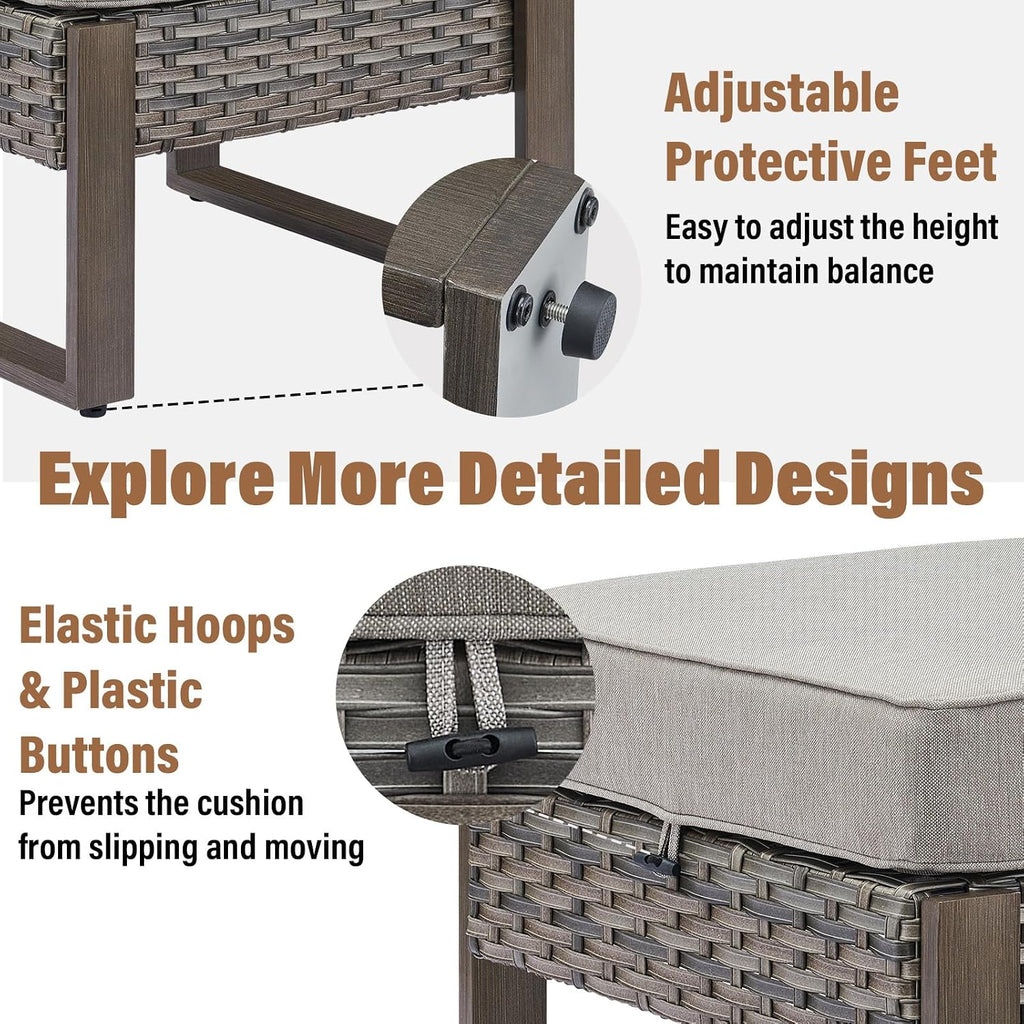 HUMMUH Patio Ottomans Outdoor Foot Rest-All Weather Rattan Outdoor Footstool with Removable Cover Cushions for Deck Porch Garden Balcony Poolside-Grey/Grey