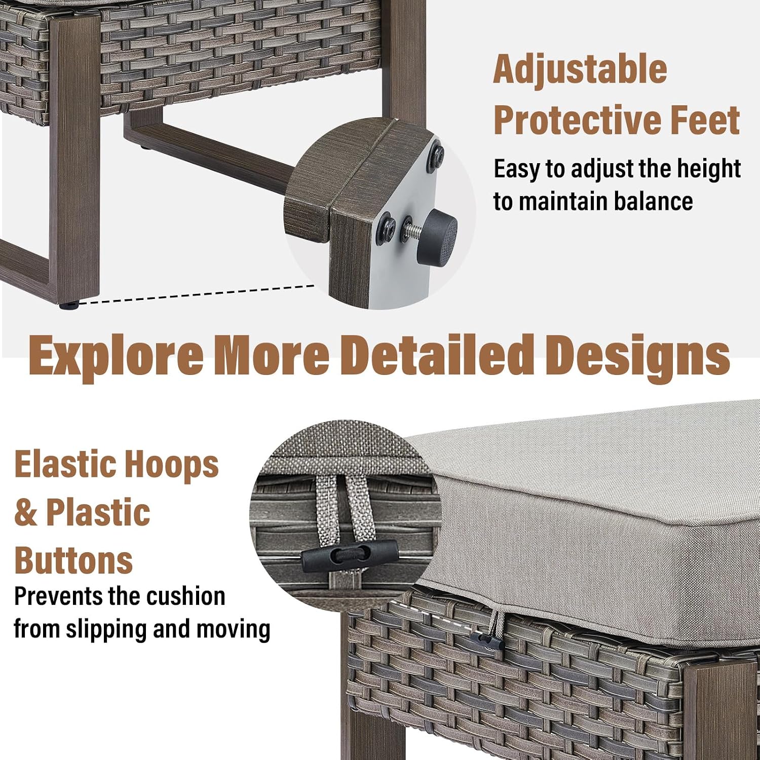 HUMMUH Patio Ottomans Outdoor Foot Rest-All Weather Rattan Outdoor Footstool with Removable Cover Cushions for Deck Porch Garden Balcony Poolside-Grey/Grey