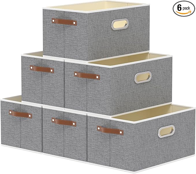 Yawinhe Foldable Storage Baskets for Shelves, Fabric Closet Organizers, Bins with 3 Handles, Cubes for Clothes, Grey, 15''Lx9.8''Wx8.3''H, 6-Pack