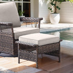 HUMMUH Outdoor Ottoman-Patio Rattan Footstool with Cushion Patio Ottoman for Deck Porch Balcony Garden-Brown/Beige