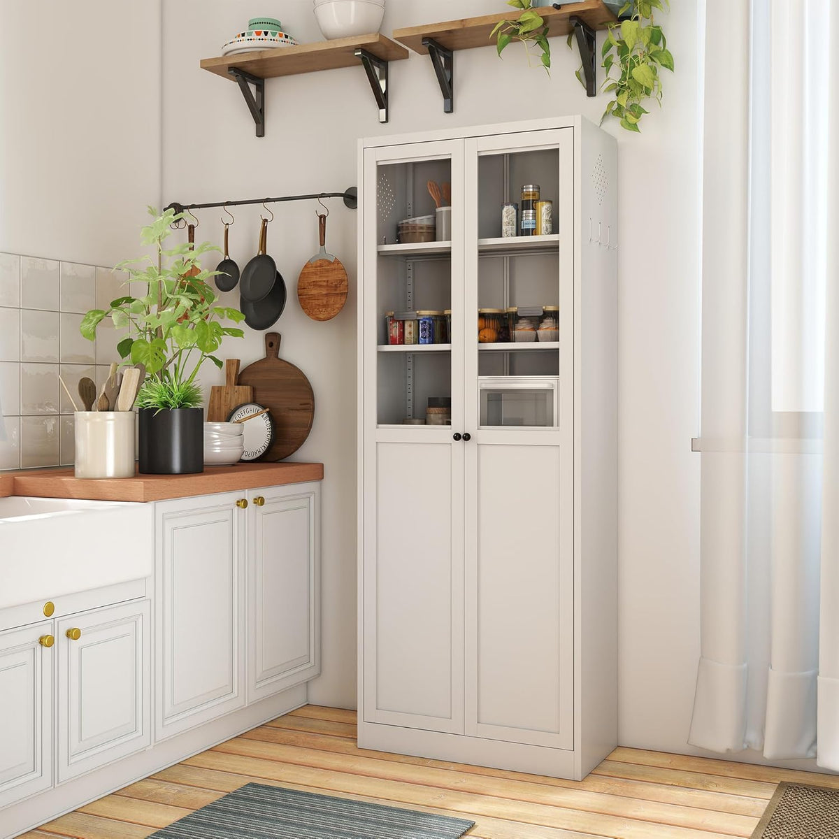 Kitchen Pantry Cabinet, 72" H Storage Cabinet with Glass Doors and Adjustable Shelves, Metal Bathroom Cabinets, Utility Cabinets for Kitchen, Living Room Assembly Required, White