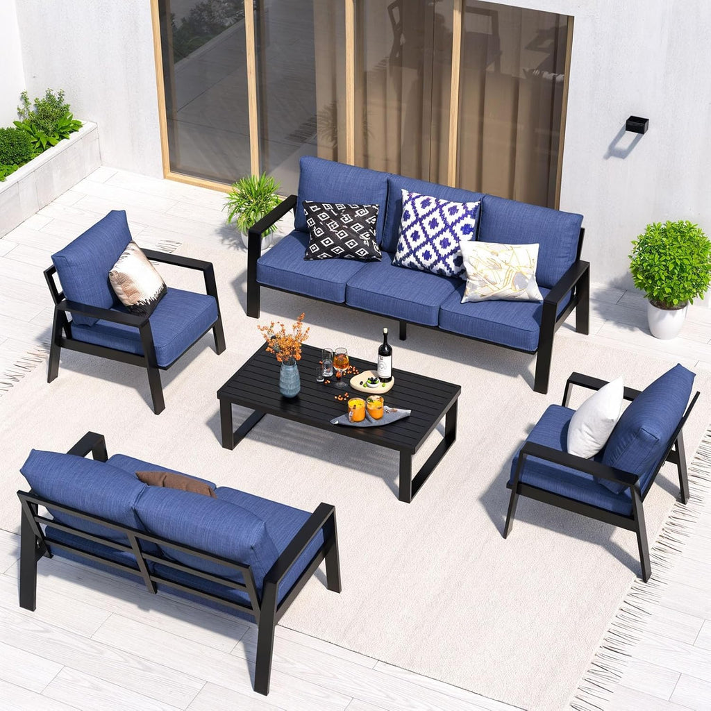 Aluminum Outdoor Patio Furniture Set, 5 Piece Sectional Coversation Sets with Coffee Table, Modern Outdoor Sofa Couch with Thick Cushions for Porch, Balcony, Garden (Black/Blue, 5 Pcs Set)