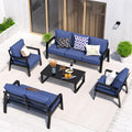 Aluminum Outdoor Patio Furniture Set, 5 Piece Sectional Coversation Sets with Coffee Table, Modern Outdoor Sofa Couch with Thick Cushions for Porch, Balcony, Garden (Black/Blue, 5 Pcs Set)