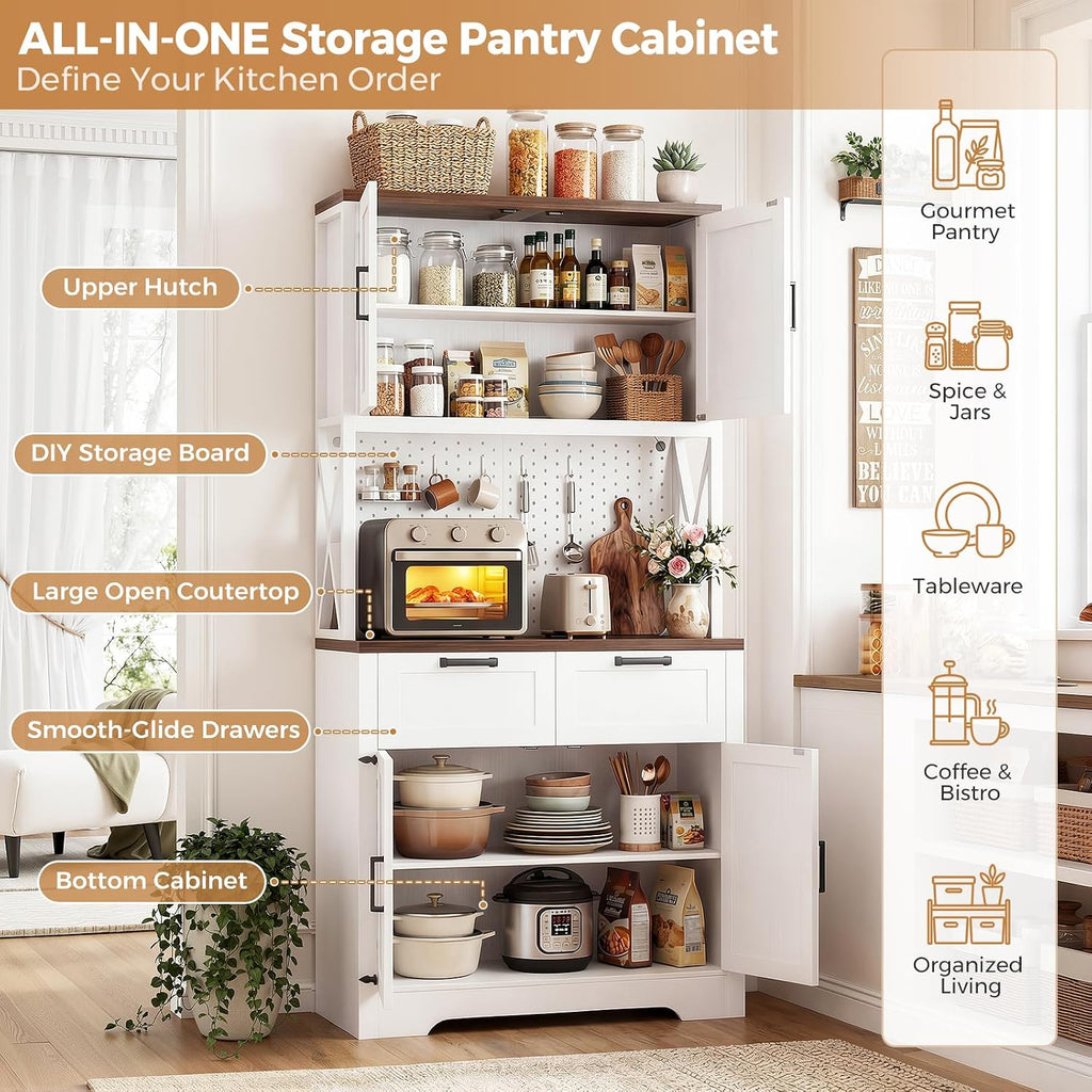 Unikito Pantry Cabinet with Microwave Countertop, 71" Tall Kitchen Pantry Storage Cabinet with Charging Station & LED Lights, Freestanding Kitchen Hutch with Drawers& Pegboard for Dining Room, White