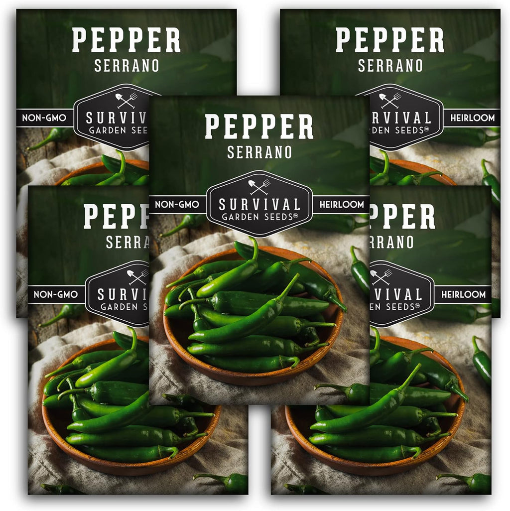 Mexican Serrano Pepper Seeds for Planting | Fresh Hot Chili & Green Hot Pepper Seeds – Heirloom Non-GMO Variety for Sauce, Salsa & Pickling – Survival Garden Seeds (5 Packs)