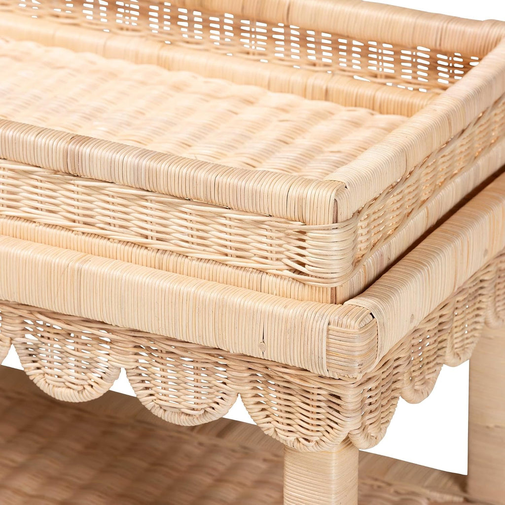 Bali & pari Weyman Scalloped Rattan End Table with Removable Tray Top - Handwoven Rattan Accent Table with Shelf, Coastal Boho Style Side Table for Living Room or Bedroom