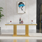 68 in Faux Marble Dining Table for 4-6, White Marble Dining Table with Gold Stainless Steel Base, Luxury Rectangular Dining Room Table for Kitchen, Living Room, Apartment, Family Meals, Dinner Parties