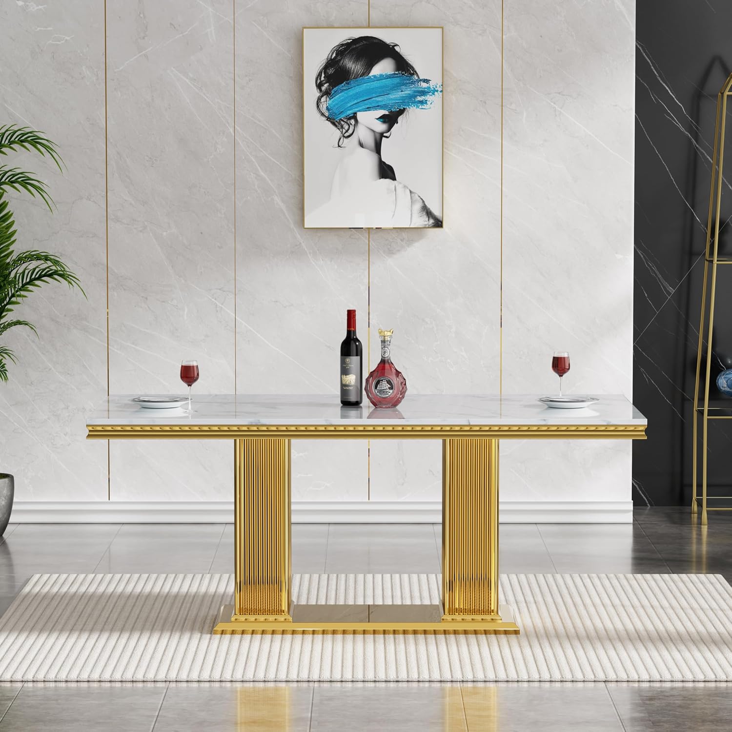 68 in Faux Marble Dining Table for 4-6, White Marble Dining Table with Gold Stainless Steel Base, Luxury Rectangular Dining Room Table for Kitchen, Living Room, Apartment, Family Meals, Dinner Parties