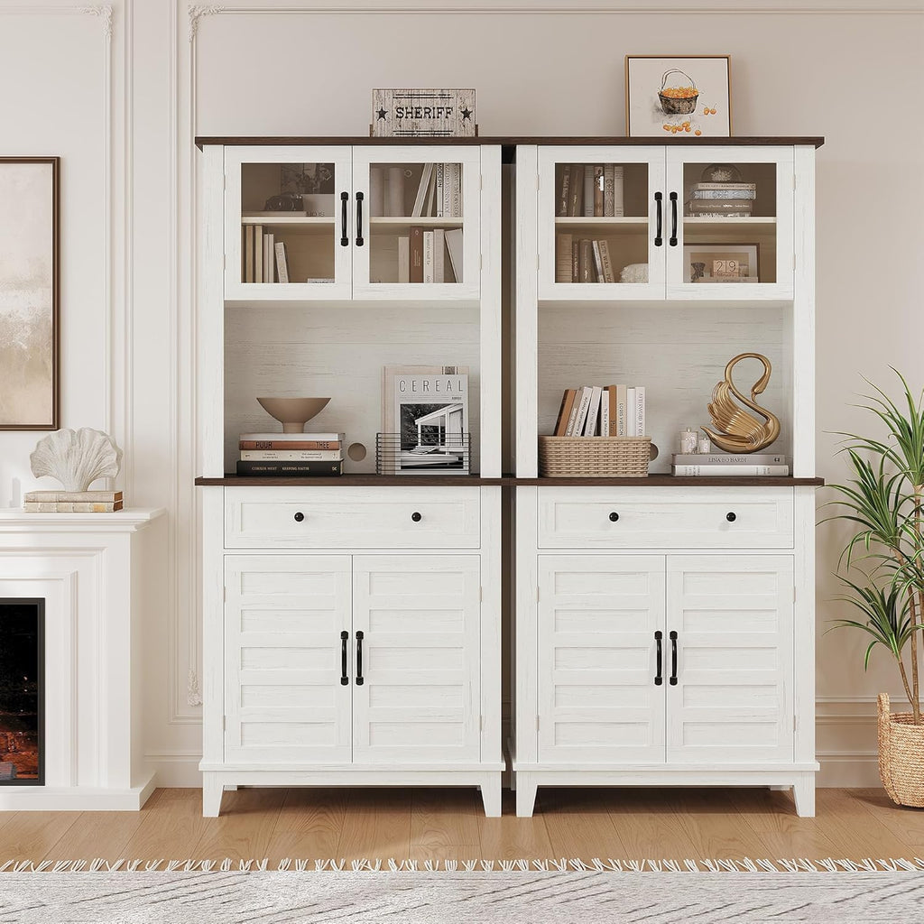 GAOMON Elegant 72" White Pantry Coffee Bar Cabinet – Tall Kitchen Storage with Adjustable Shelves, 4 Glass Doors & 1 Drawer – Multi-Functional Hutch for Dining Room & Kitchen, White
