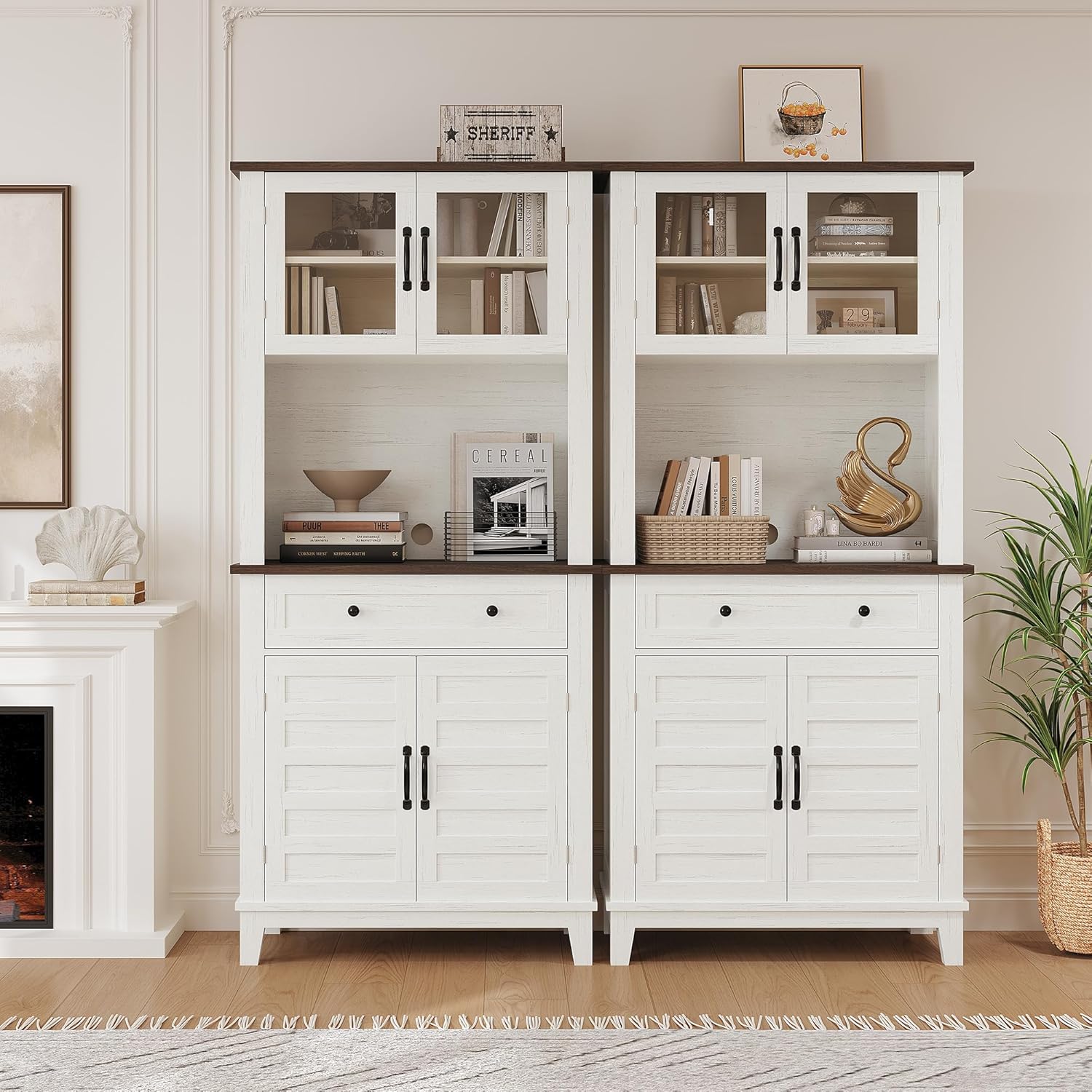 GAOMON Elegant 72" White Pantry Coffee Bar Cabinet – Tall Kitchen Storage with Adjustable Shelves, 4 Glass Doors & 1 Drawer – Multi-Functional Hutch for Dining Room & Kitchen, White