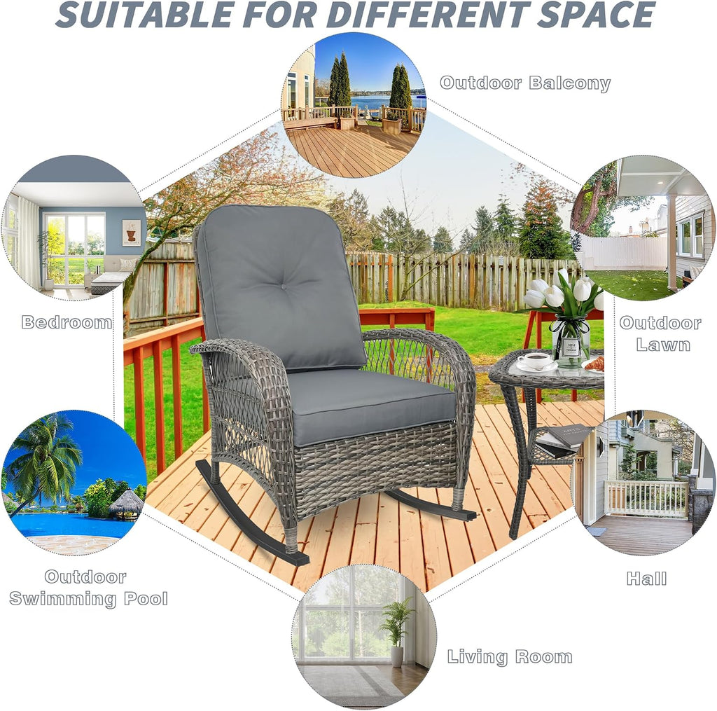 Wicker Rocking Chair, Rattan Patio Rocking Chairs, All-Weather Rocking Lawn Wicker Furniture for Porch Deck Garden Backyard(Grey)，1PC