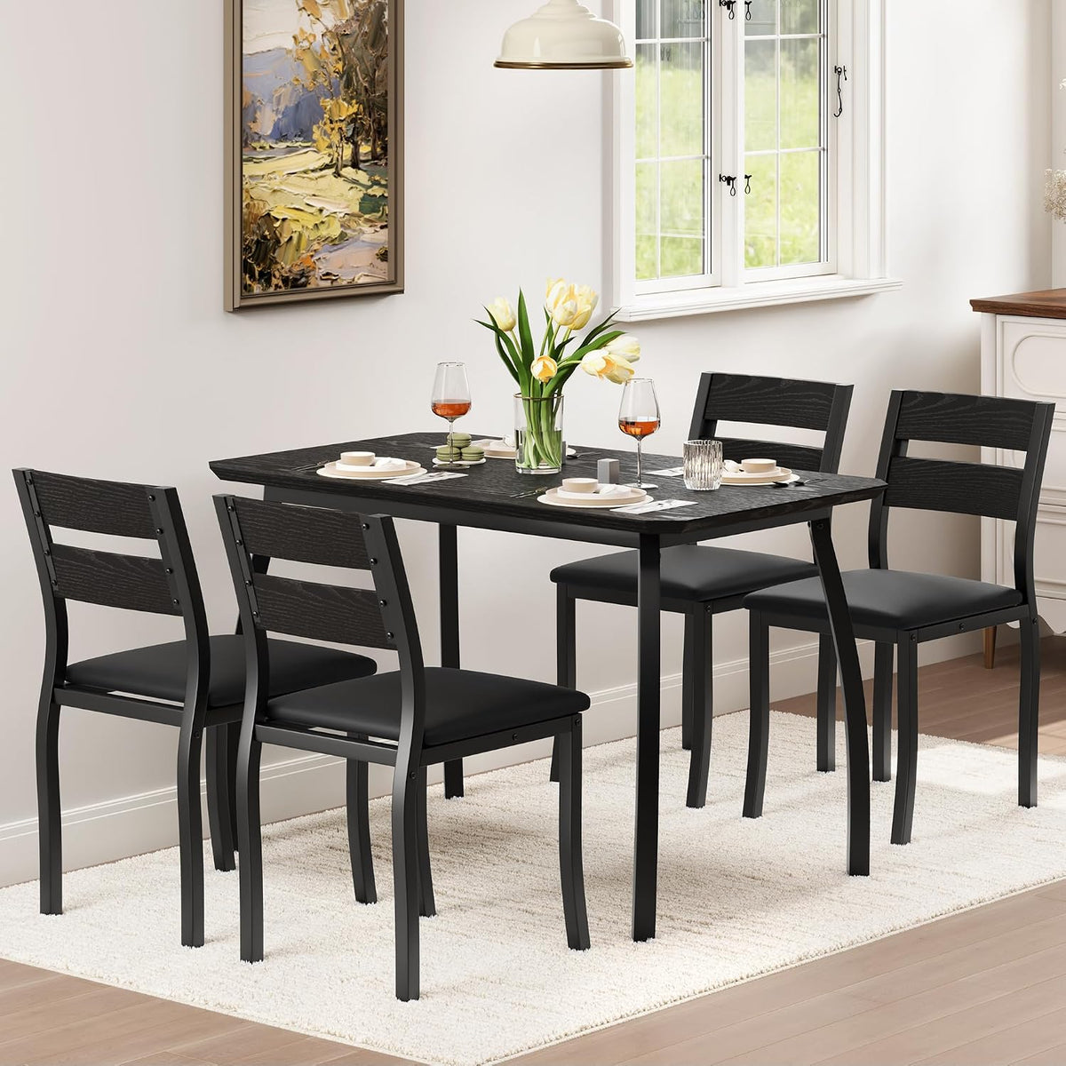 IDEALHOUSE Dining Table Set for 4 Modern Kitchen Table and Chairs Set with Chamfered Edges Cushioned Seats Space-Saving Metal Frame Compact Breakfast Nook (Soft Seat Black Tube + Black)