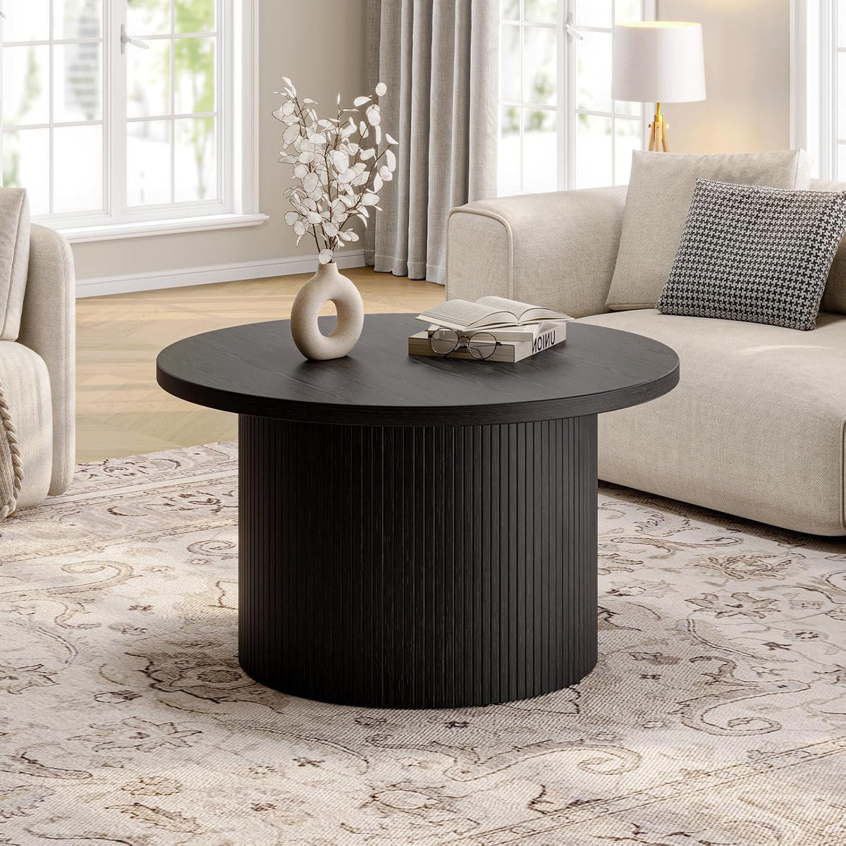 ONBRILL 31.5" Round Coffee Table, Tambour Design Coffee Tables for Living Room, Mid Century Modern Wood Coffee Table, Drum Accent Small Center Table, Black