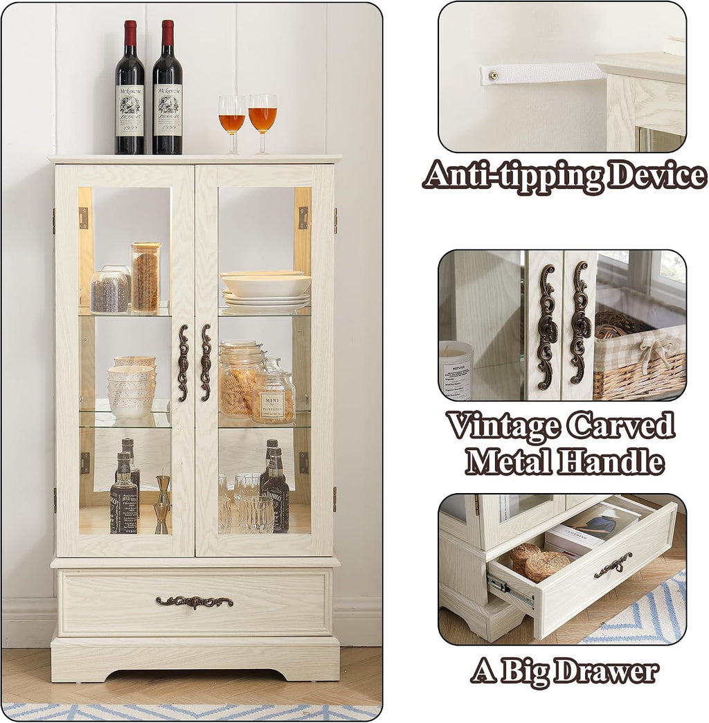 47" H Lighted Curio Cabinet Display Case, Glass Case with Adjustable Shelves,Tempered Glass Door and Drawer, Wooden Curio Cabinet with Mirrored Back Pane for Living Room (Antique White)