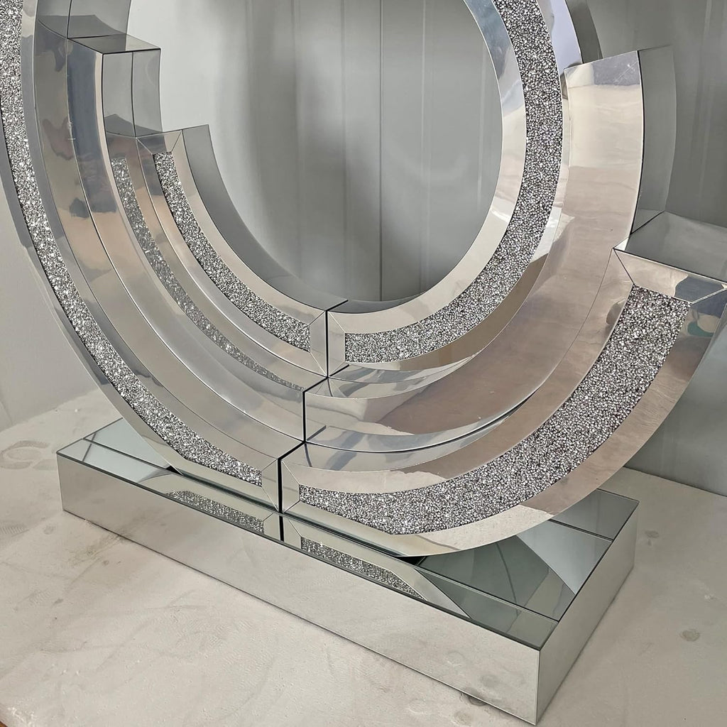 Silver Mirrored Console Table, 43" Modern Entryway Tables with Crushed Diamond lnlay, 3C-Shaped Luxury Mirrored Sofa Table Behind Couch Foyer Hallway Tables for Living Room Entrance
