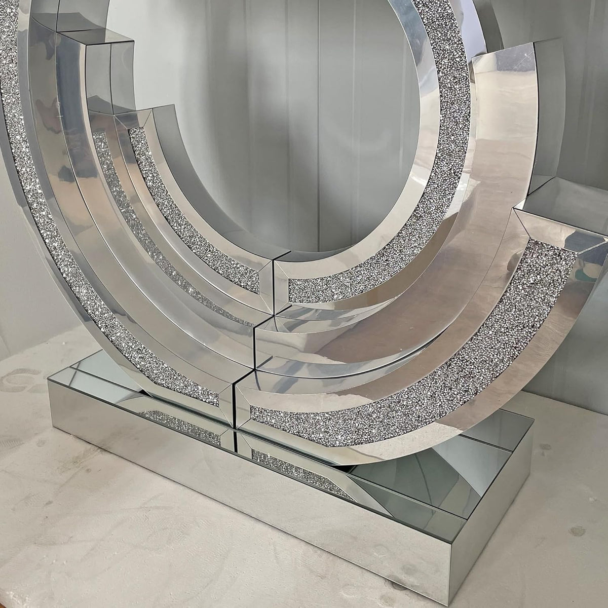 Silver Mirrored Console Table, 43" Modern Entryway Tables with Crushed Diamond lnlay, 3C-Shaped Luxury Mirrored Sofa Table Behind Couch Foyer Hallway Tables for Living Room Entrance