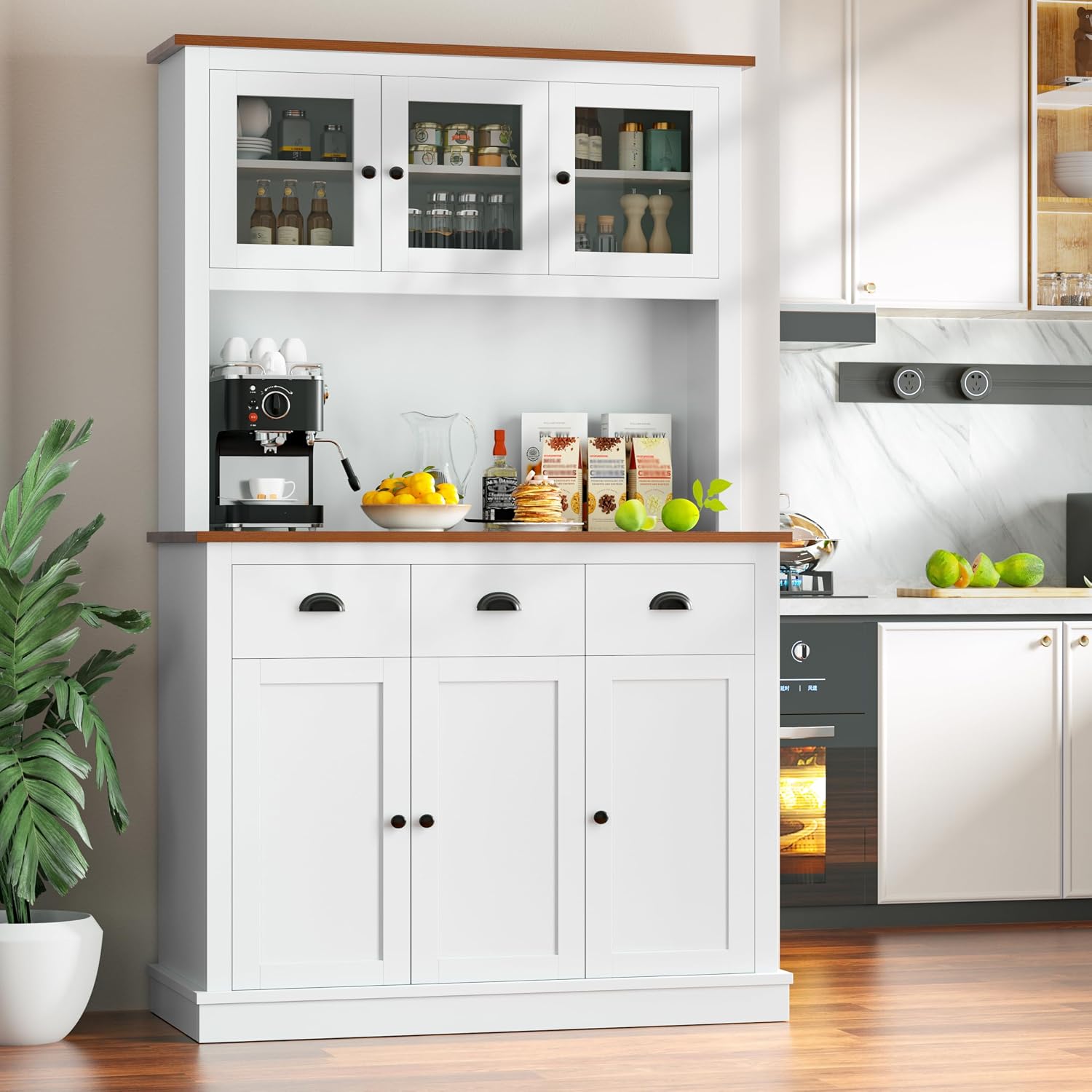 MU 71" Kitchen Pantry Cabinet with Charging Station, Tall Pantry Hutch with Drawers, Countertop & Microwave Shelf, Food Storage Cabinet for Dining Room & Coffee Bar, White