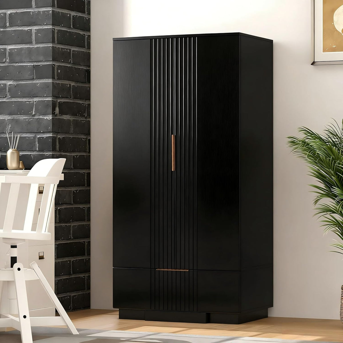 Brafab 67" Fluted Armoire Wardrobe Closet with Drawers, Black Cabinet