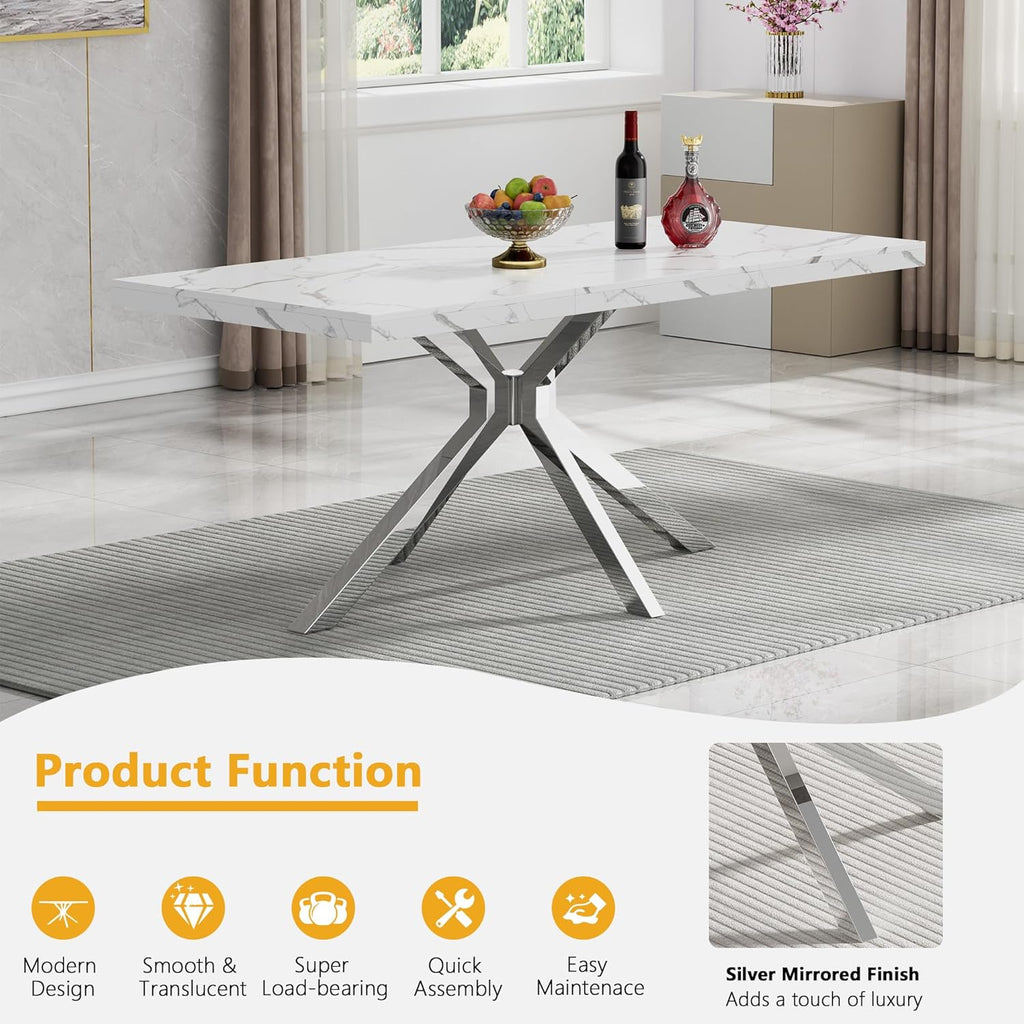 Faux Marble Dining Table Set for 6, Modern Kitchen Table Chairs Set 6, 70" Faux Marble Table with Silver Stainless Steel Leg, 6 Black Leather Chairs, 7 Piece Dining Set for Kitchen Living Dining Room