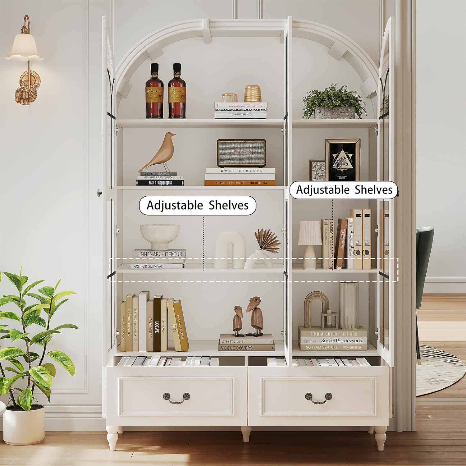 70.8'' Tall Arched Kitchen Pantry Cabinet, Large Farmhouse Storage Cabinet with Glass Doors, Display Case, Wood Bookshelf with 2 Drawers & Adjustable Shelves, Kitchen Pantry for Living Room, White