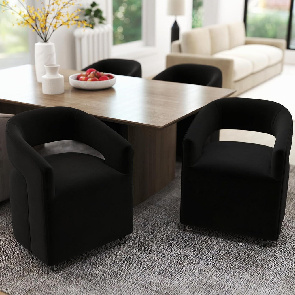 LukeAlon Sherpa Dining Chairs Set of 2, Modern 360° Swivel Kitchen Chairs with Casters Barrel Open Back Side Chairs Upholstered Dinner Chair for Dining Room Living Room, Black