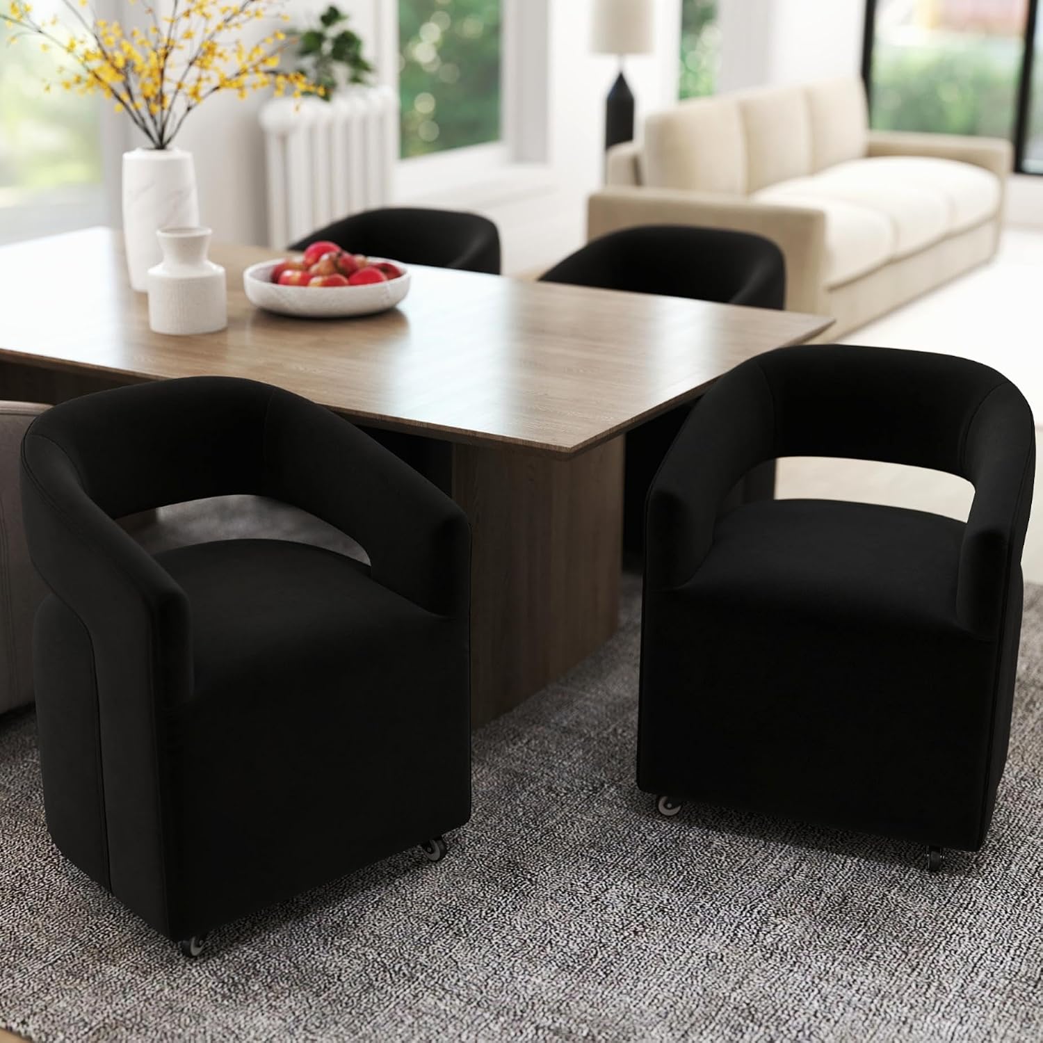LukeAlon Sherpa Dining Chairs Set of 2, Modern 360° Swivel Kitchen Chairs with Casters Barrel Open Back Side Chairs Upholstered Dinner Chair for Dining Room Living Room, Black