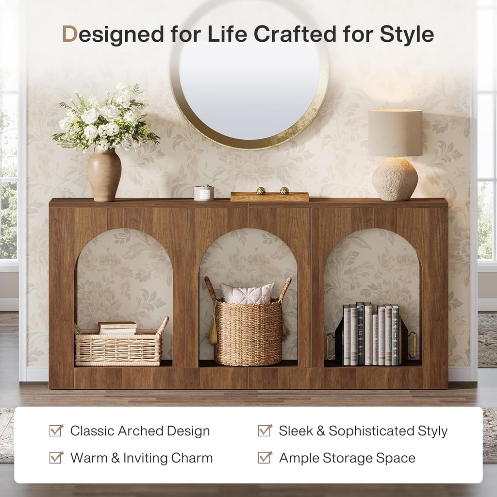 Tribesigns 70.9" Console Table with Storage, Wood Entryway Entry Table with 3 Arched Shelves for Foyer, Hallway, Living Room, Behind Couch Sofa, Narrow Long, Brown
