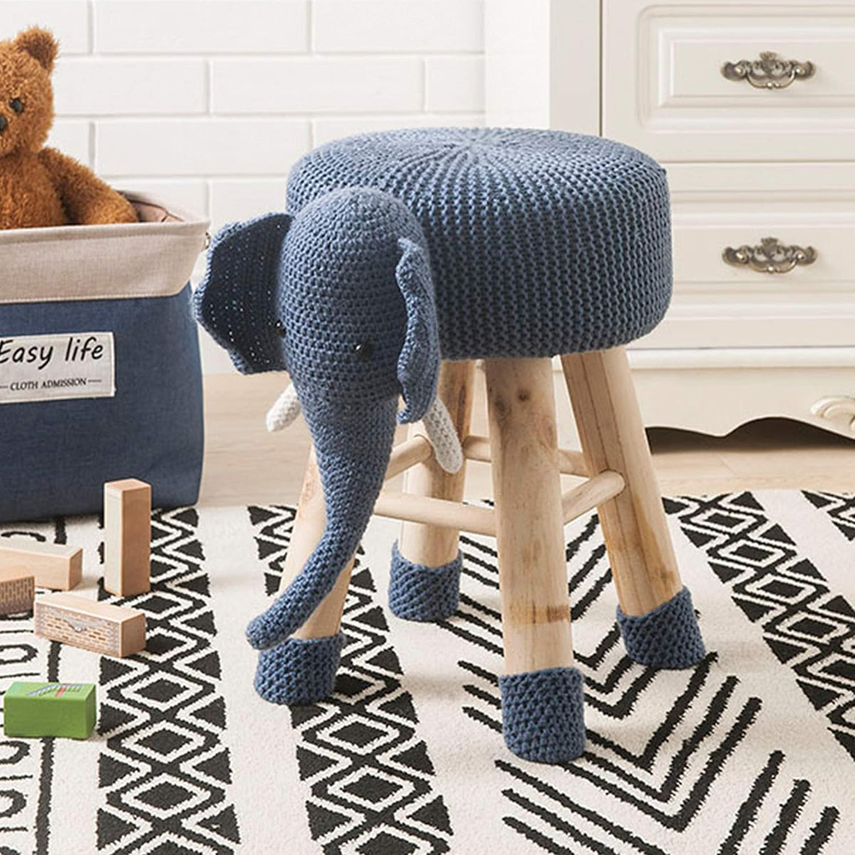 Animal Ottoman Stool, Polyester Upholstered Cute Elephant Foot Stool with Solid Pine Wood Legs, Portable Small Seat for Boy and Gril Bedroom