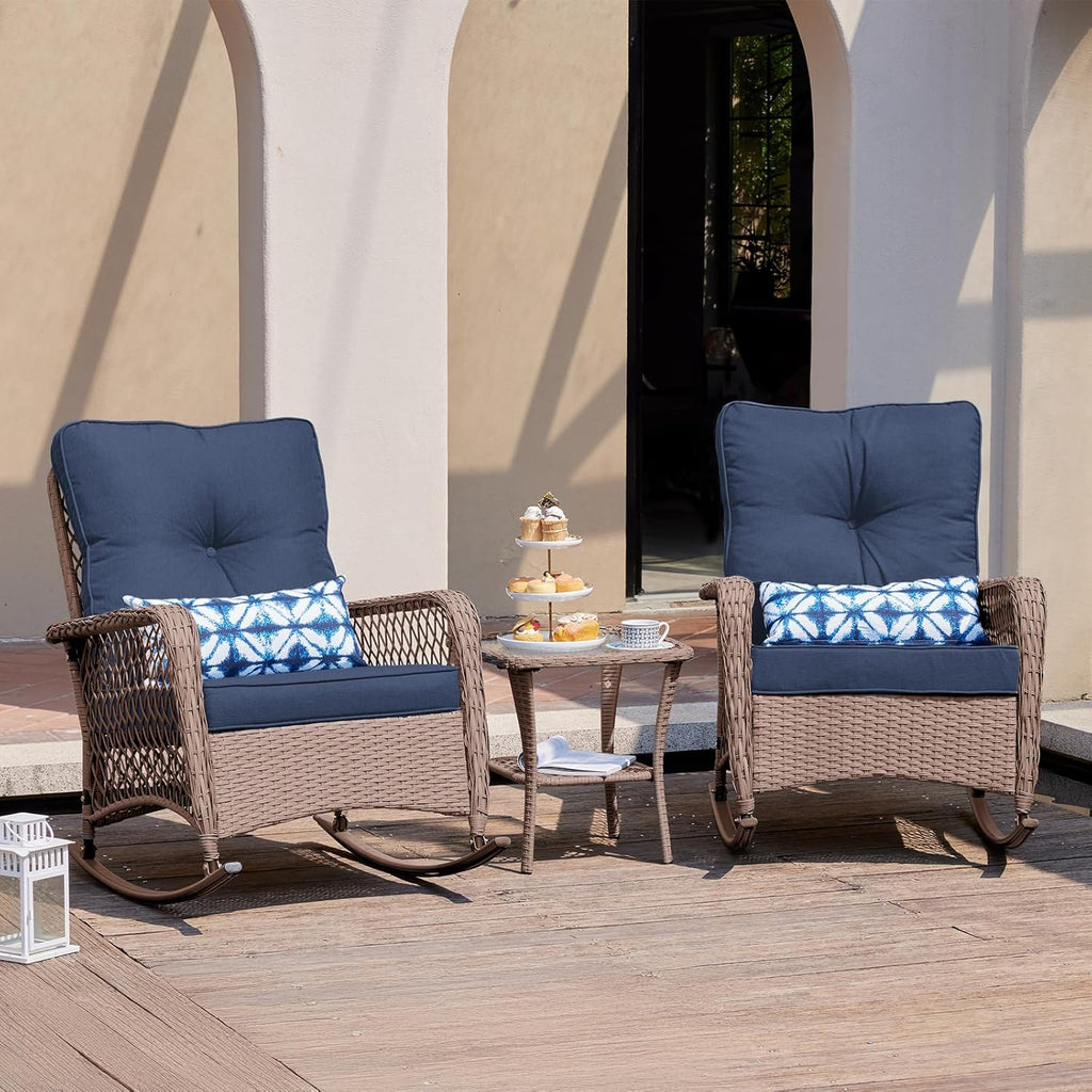 UDPATIO Rocking Chair Outdoor Set 2 with Coffee Table, 3 Piece Wicker Rocking Bistro Set with 4" Water-Resistant Cushions, Oversized, 350lbs Heavy-Duty, for Porch, Patio, Balcony, Brown/Navy