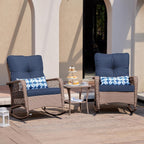 UDPATIO Rocking Chair Outdoor Set 2 with Coffee Table, 3 Piece Wicker Rocking Bistro Set with 4" Water-Resistant Cushions, Oversized, 350lbs Heavy-Duty, for Porch, Patio, Balcony, Brown/Navy