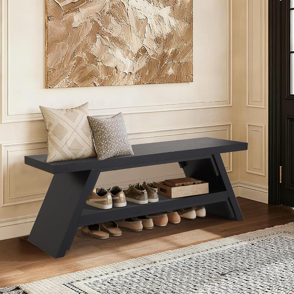 2-Tier Shoe Storage Bench, 47" Solid Wood Entryway Stool Storage | Narrow Shoes Racks for Entryway, Minimalist Multi-Purpose Bench for Hallway, Kitchen, Bedroom, or Dining Room