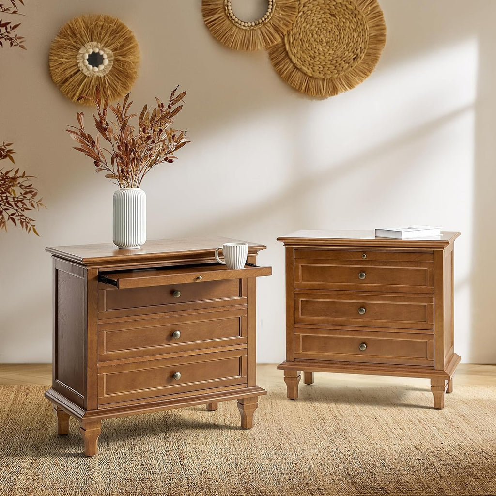End Table Set of 2 with Charging Station, Solid Wood Organizer with 3 Drawers & Pull-Out Shelf, Farmhouse Bedside Table for Living Room, Acorn