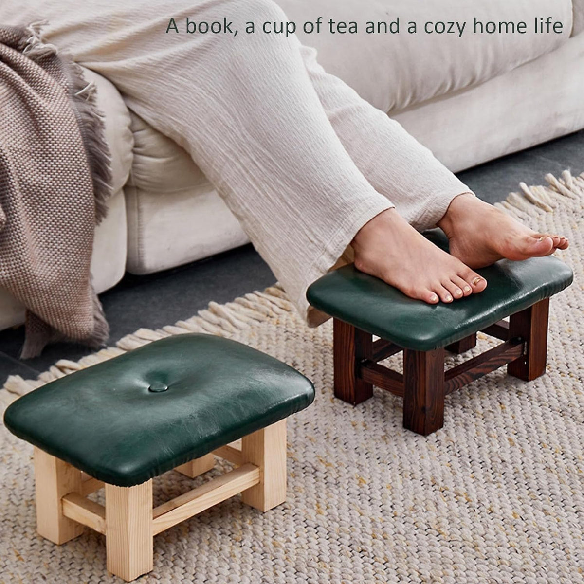 Footstool Ottoman - Small Rectangular Step Stool with Non-Slip Soft Padding for Living Room, Bedroom, Kitchen(Green,35X25X16.5cm)